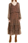 Veronica Beard Tunis Tiered Floral-print Crepe De Chine Midi Dress In Cinnamon Multi