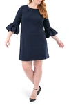 Nina Leonard Gathered Boatneck Shift Dress In Navy