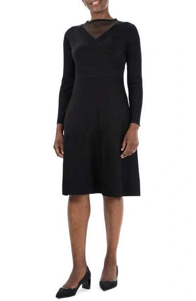 Nina Leonard Sheer Knit Inset Sweater Dress In Black