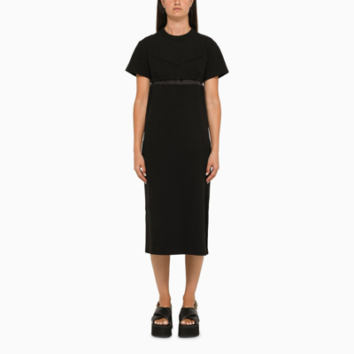 Sacai Panelled Split-hem Cotton Midi Dress In Black