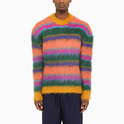 Marni Crew Neck Jumper In Striped Mohair In Green