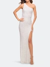 La Femme One Shoulder Luxurious Soft Sequin Dress With Slit In White