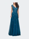 La Femme Cascading Embellishment Short Sleeve Lace Gown In Blue