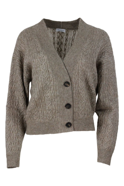 Brunello Cucinelli Cable Knit Wool Blend Cardigan Jumper In Brown