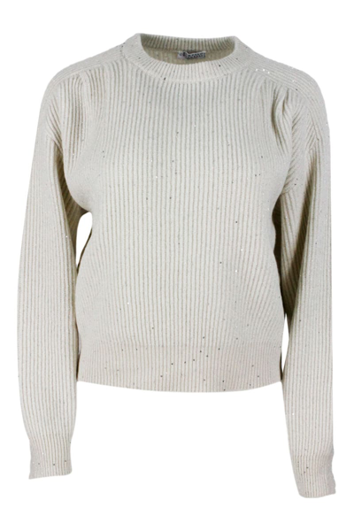 Brunello Cucinelli Long-sleeved Crewneck Sweater In Cashmere And Woo In Cream