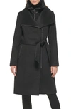 Karl Lagerfeld Belted Faux Fur Trim Wool Blend Coat In Black
