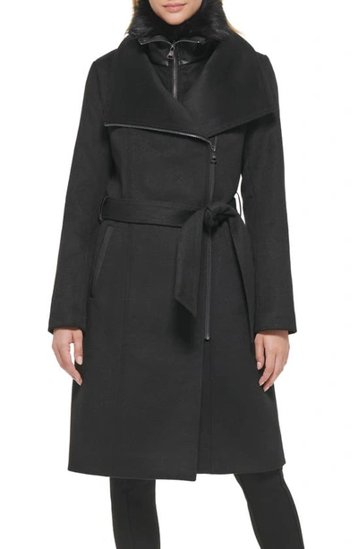 Karl Lagerfeld Belted Faux Fur Trim Wool Blend Coat In Black
