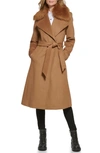 Karl Lagerfeld Belted Faux Fur Trim Wool Blend Coat In Camel