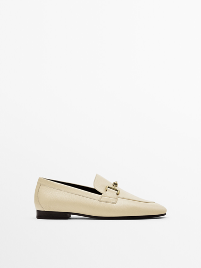 Massimo Dutti Leather Loafers With Metal Buckle In Cream