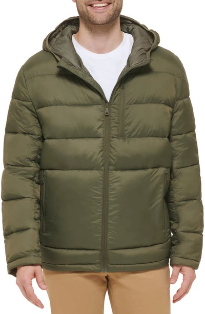 Cole Haan Hooded Nylon Puffer Jacket In Army Green