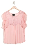 Forgotten Grace Mixed Media Flutter Sleeve Blouse In Coral