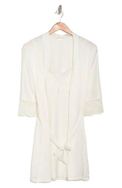 Eag Lace Trim Satin Chemise & Wrap Robe 2-piece Pajama Set In White
