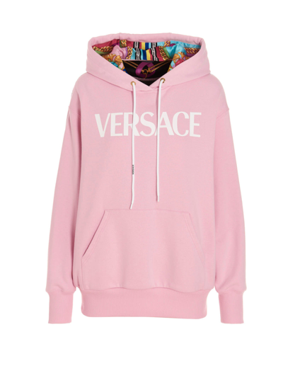 Versace Logo Oversized Cotton Jersey Hoodie In Pink
