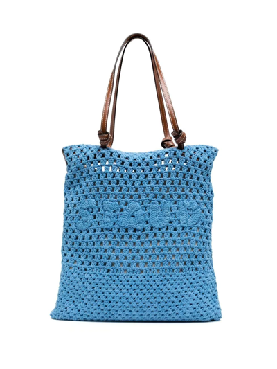 Staud 'porte' Crochet Logo Jacquard Leather Strap Tote Bag In Blue