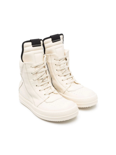Rick Owens Kids' Geobasket Leather High Top Sneakers In Off White