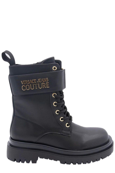 Versace Jeans Couture Logo Lettering Lace-up Combat Boots In Nero.
