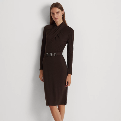 Ralph Lauren Belted Mockneck Jersey Dress In Brown
