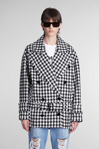 Balmain Double-breasted Houndstooth Belted Pea Coat In White