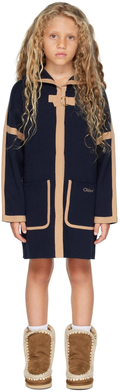 Chloé Kids Navy Hooded Coat In Blue