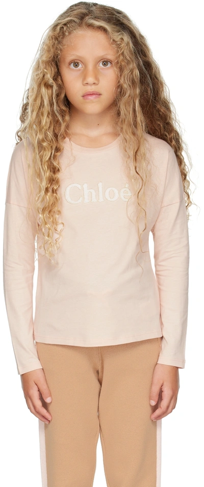 Chloé Kids Pink Patch Long Sleeve T-shirt In 45k Pink