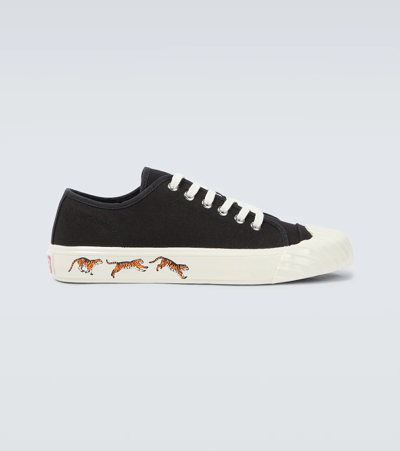 Kenzo Tiger Print Cotton Canvas Low Trainers In Black
