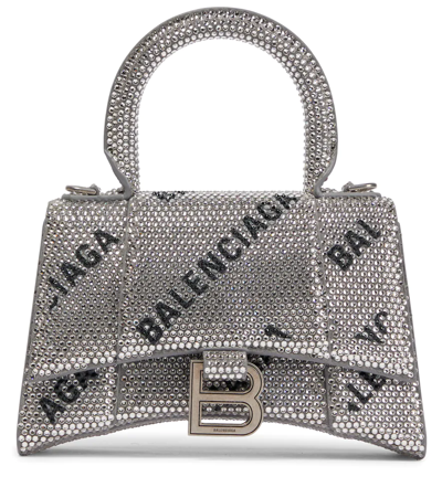 Balenciaga Hourglass Xs Crystal-embellished Leather Bag In Silver/black