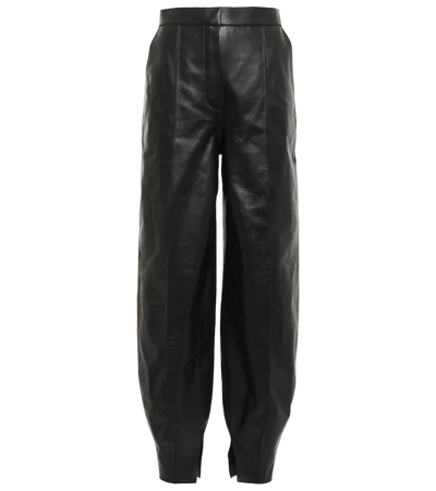Loewe Balloon Pleated Leather Tapered Pants In Black