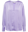 Vince Smocked Shoulder Long Sleeve Satin Blouse In Lily Stone