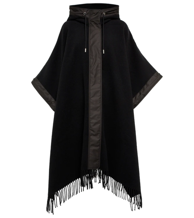 Moncler Fringe-trimmed Hooded Wool Cape In Black