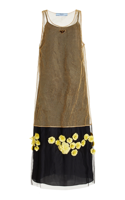 Prada Women's Floral-embroidered Mesh Midi Dress In Gold