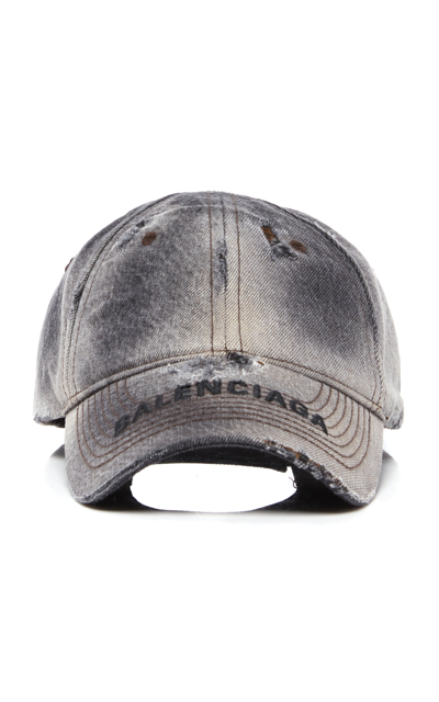 Balenciaga Logo-embroidered Distressed Denim Baseball Cap In Gray