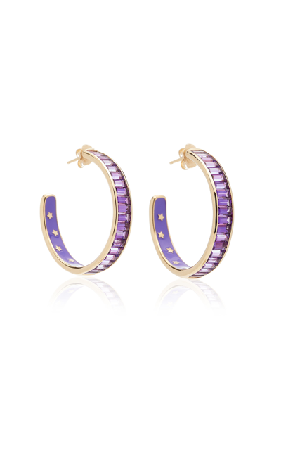 Jane Taylor 14k Yellow Gold Enameled Amethyst Hoop Earrings In Purple