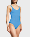 Alaïa Laser-cut Corset One-piece Swimsuit In Azur