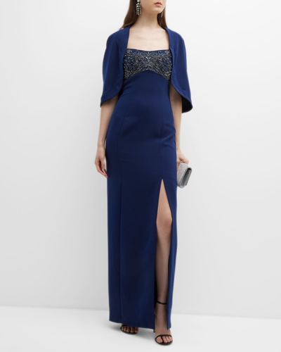 Theia Brigitta Capelet Beaded Gown In Blue
