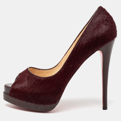 Pre-owned Christian Louboutin Burgundy Calf Hair Altadama Astrakhan Peep Toe Pumps Size 41