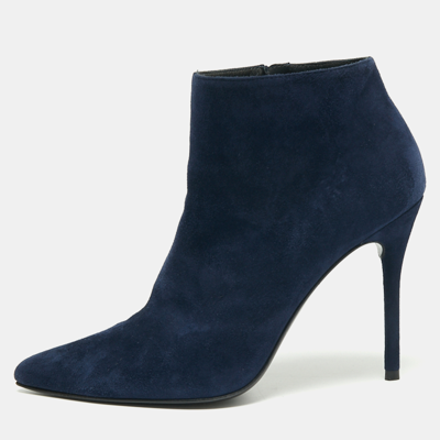Pre-owned Stuart Weitzman Navy Blue Suede Ankle Length Boots Size 39.5