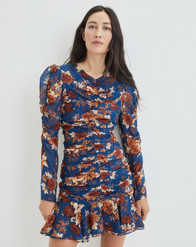 Veronica Beard Hedera Ruched Floral-print Silk-chiffon Mini Dress In Electric Blue