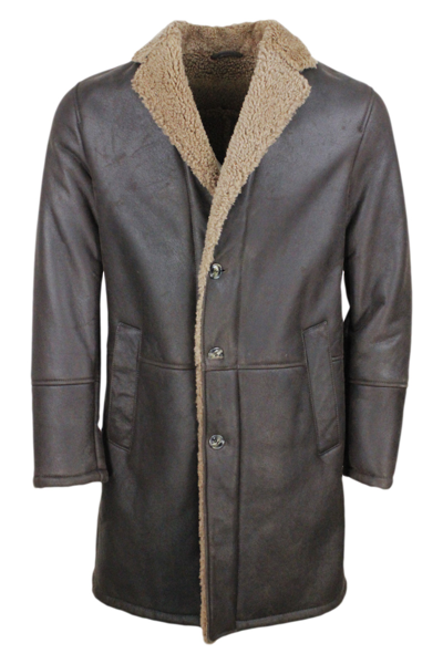 Barba Napoli Single-breasted Shearling Sheepskin Coat With Button Closure And Side Pockets In Brown