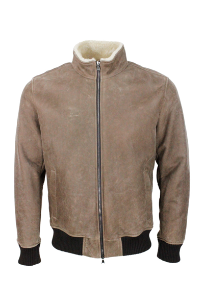 Barba Napoli Bomber Shearling Shearling Jacket With Stretch Knit Trims And Zip Closure In Taupe