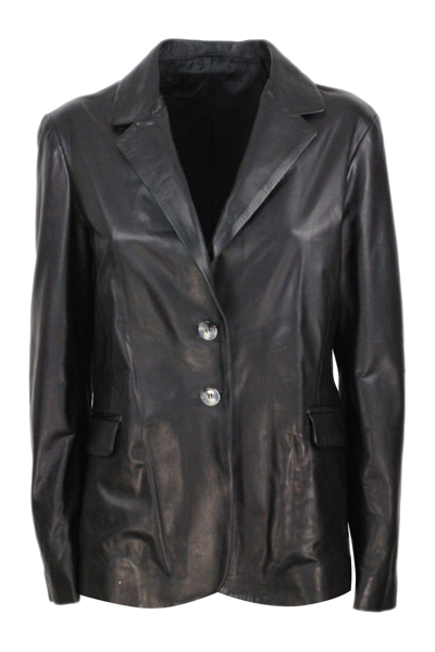Barba Napoli Soft Leather Blazer Jacket With 2 Button Closure And Flap Pockets In Black