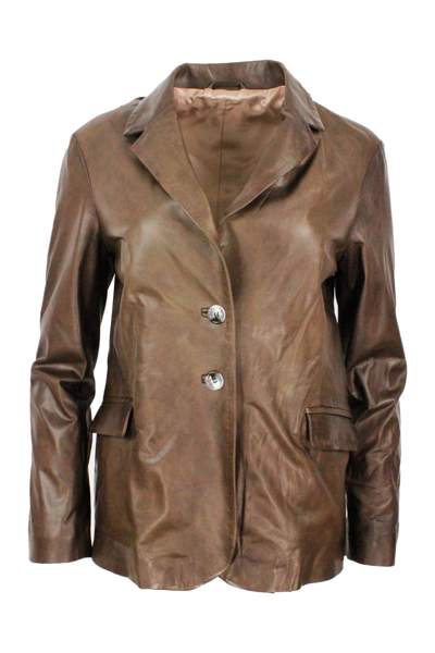 Barba Napoli Soft Leather Blazer Jacket With 2 Button Closure And Flap Pockets In Brown