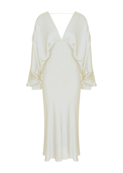 Nazli Ceren Mila V Neck Satin Dress In Ecru In White