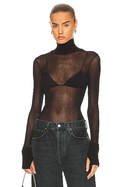 Enza Costa Cotton Mesh Cuffed Long Sleeve Turtleneck Top In Black