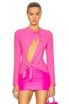 Attico Zelda Knotted Cutout Blouse In Neon Fuchsia