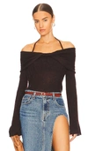 Jonathan Simkhai Cambria Sheer Alpaca Ls Off Shoulder W Halter Ties In Brown