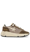 Golden Goose Running Sneakers In Green Suede And Fabric In Olive
