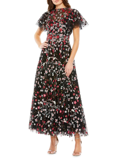Mac Duggal Floral Embroidered Flutter-sleeve Midi-dress In Black Multi