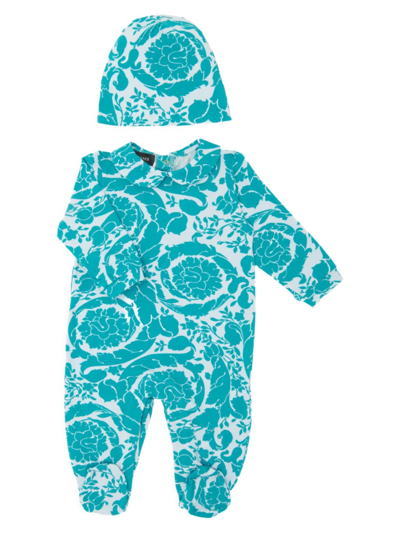 Versace Baby Barocco Silhouette Print Onesie And Cap Set In Blue
