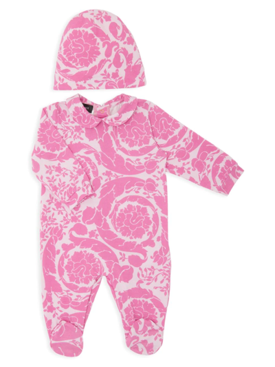 Versace Baby Barocco Silhouette Print Onesie And Cap Set In Pink