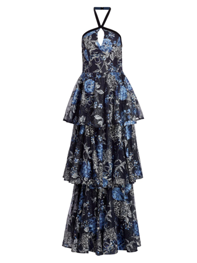 Marchesa Notte Tiered Tulle Embroidered Halter Gown In Blue